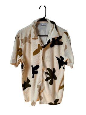 ZARA button up Men's size Small shirt Short sleeve Cream Terry Cloth Polo